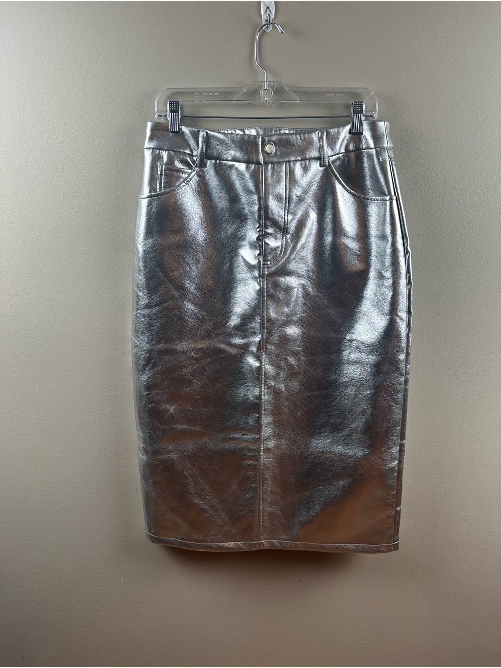 Metallic Silver Pencil Skirt - Women's Sleek Faux Leather